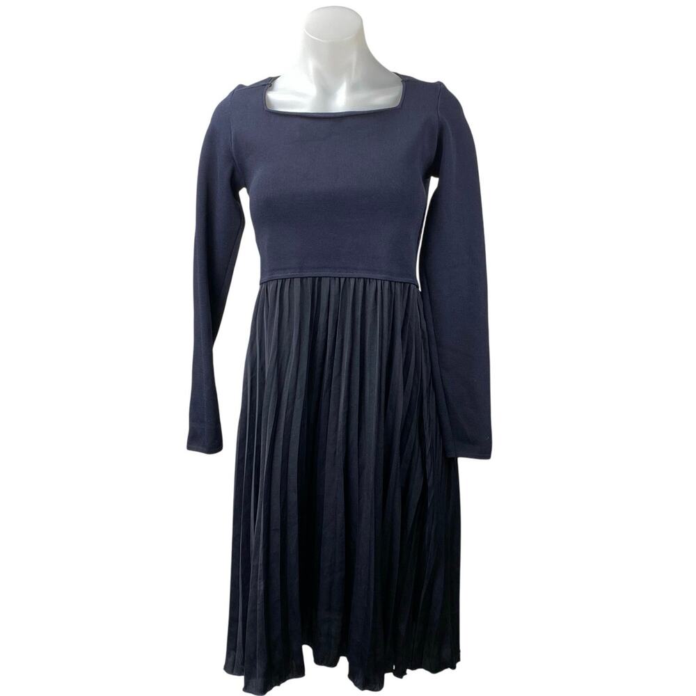 Witchery Women's Blue Black Pleated Square Neck Long Sleeve Midi A-Line Dress S
